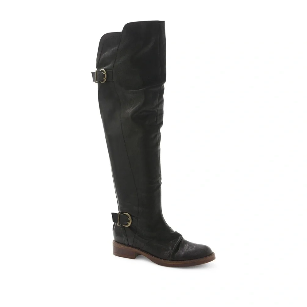 Kensie Women's Stella Black Leather Riding Motorcycle Over Knee High Boots 6.5